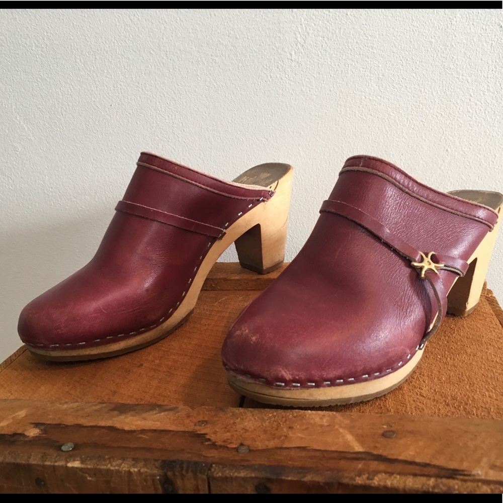 Vintage Danish leather wooden clog